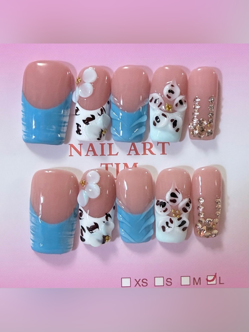 Nude Pink and Sky Blue Floral 3D Nail Art Set